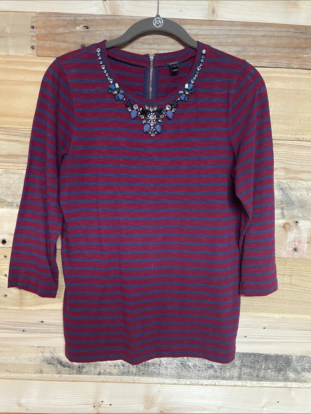 J. Crew size Small Red and Blue Striped Jeweled Crew Neckline Long Sleeve Blouse